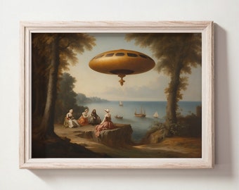 Vintage Ufo Classical Art, Ufo Seascape Painting, UFO Art, Digital Printable Art Print, Downloadable Images