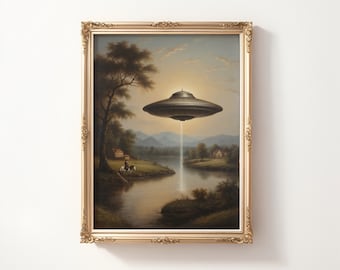 Vintage Landscape Ufo Art, Antique Ufo Painting, Digital Downloadable Images, Printable Art