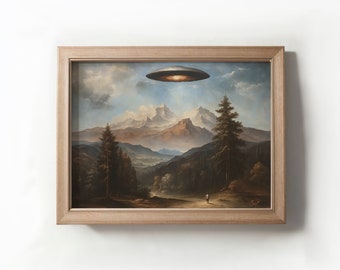 Humeurig rustiek landschap Ufo kunst, vintage UFO schilderij, UFO print, digitale afdrukbare kunstprint, downloadbare muurkunst