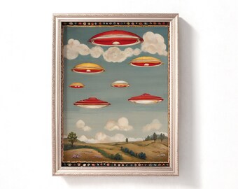 Vintage Ufo Malerei, Trippy Space Art, Wandteppich Ufo Art Print, druckbare außerirdische Kunst