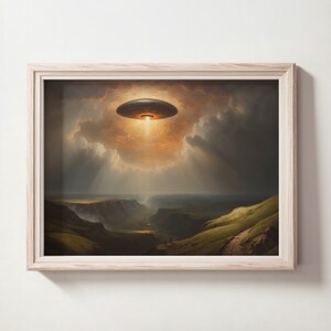 Vintage Impasto Landscape Ufo Painting, Ufo Decor Wall Hanging, Digital Downloadable Images, Ufo Printable Art