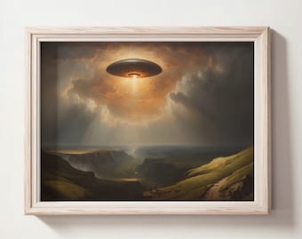 Pittura Ufo paesaggio vintage Impasto, decorazione da parete Ufo, immagini digitali scaricabili, arte stampabile Ufo