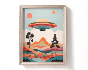 Boho Ufo Art Print, Boho Painting, Digital Printable UFO Art Print, Downloadable UFO Print