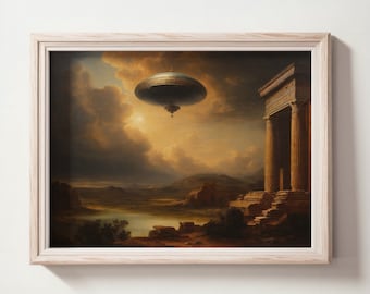 Ancient Egyptian Ruins UFO Print, Moody Vintage Wall Art, UFO Art, UAP Art Print, Digital Printable Art Print, Downloadable Wall Art