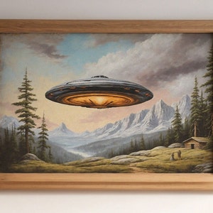 Rustic Vintage UFO Landscape Painting, Moody UFO Art Print, Landscape Oil Painting, Digital Printable Art Print, Downloadable Wall Art
