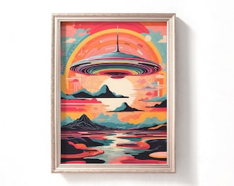Abstrakte Ufo-Kunst, psychedelisches Poster, Trippy Space Art, lebendiges Kunstwerk, herunterladbare Ufo-Bilder