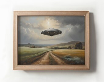 Vintage Moody Ufo Painting, Printable Landscape Ufo Art, Digital Downloadable Images