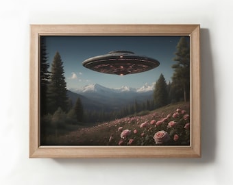 Romantic Landscape Painting, Vintage Ufo Art, Digital Downloadable Images, Ufo Printable Art