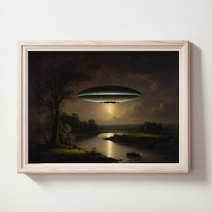 Moonlight Landscape UFO Painting, Moody Moonlit Vintage Dark Artwork, UFO Art Print, Digital Printable Art Print, Downloadable Wall Art