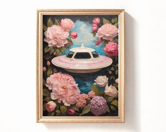 Pittura a olio Impasto UFO, Pittura floreale di natura morta, Arte della parete Geek, Stampa d'arte UFO stampabile, Stampe d'arte scaricabili Retro