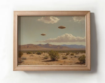 May include: A framed print depicting a desert landscape with three flying saucers in the sky. The sky is a light blue with some clouds. The desert is a light brown with some green bushes.