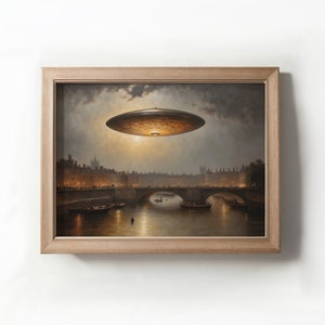 Victorian Cityscape Ufo Painting, Vintage Ufo Art, Digital Downloadable Images, Ufo Printable Art