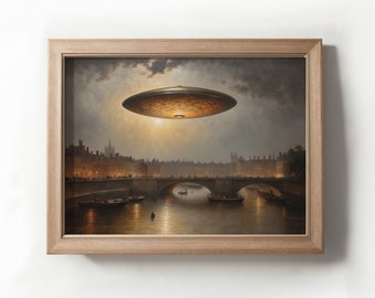 Pittura Ufo del paesaggio urbano vittoriano, arte UFO vintage, immagini digitali scaricabili, arte stampabile Ufo