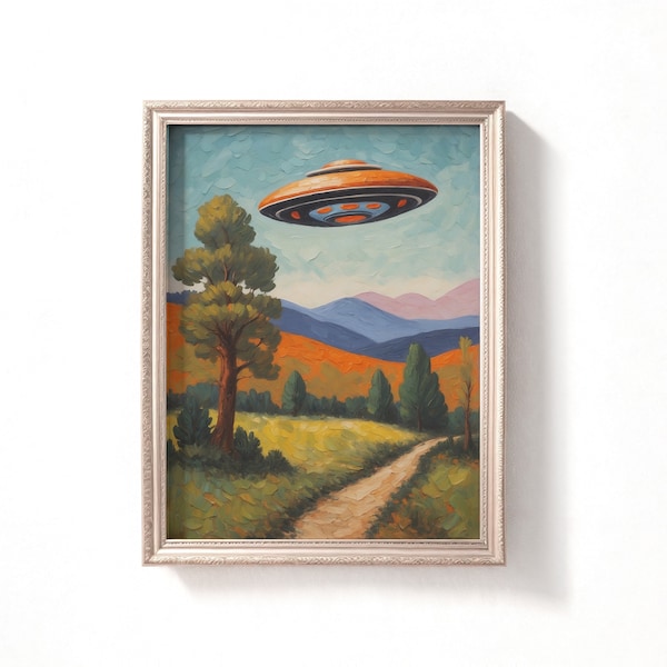 Fauvism Ufo Oil Painting, Rustic Mountain Ufo Art, Impasto Ufo Painting, Digital Downloadable Images