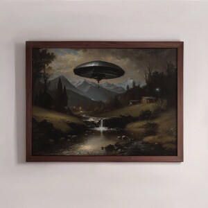 Antique Vintage Landscape Painting, UFO Art Print, Vintage River Landscape Print, Digital Printable Art Print, Downloadable Wall Art