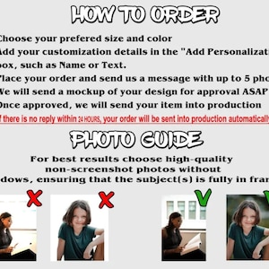 May include: A guide on how to order custom photo products. The guide includes instructions on choosing a size and color, adding personalization details, and sending photos. The guide also includes a photo guide with examples of good and bad photos to use.