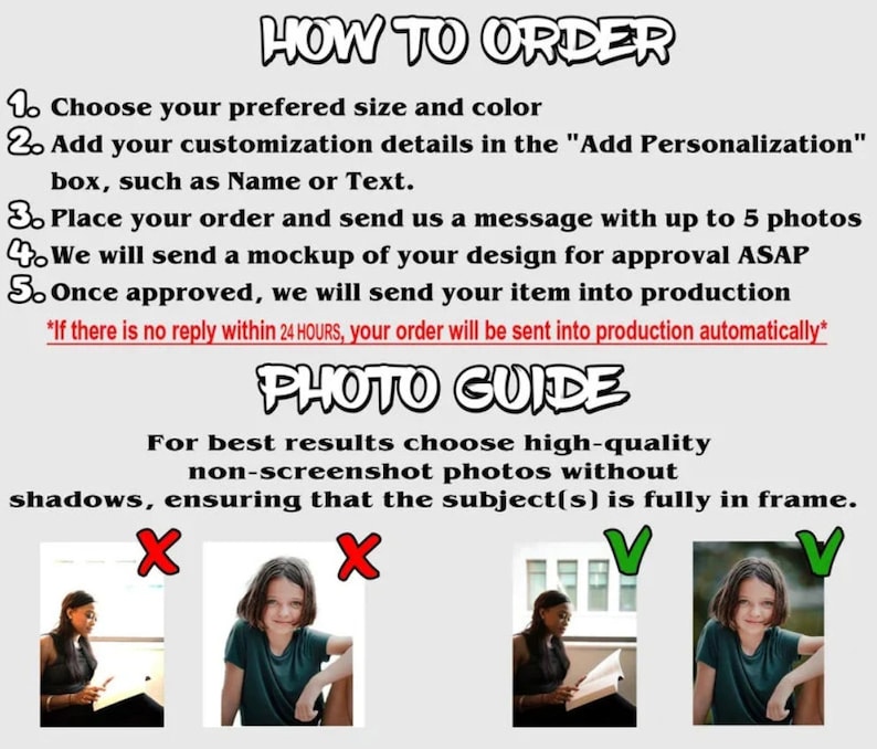 May include: A guide on how to order custom photo products. The guide includes instructions on choosing a size and color, adding personalization details, and sending photos. The guide also includes a photo guide with examples of good and bad photos to use.