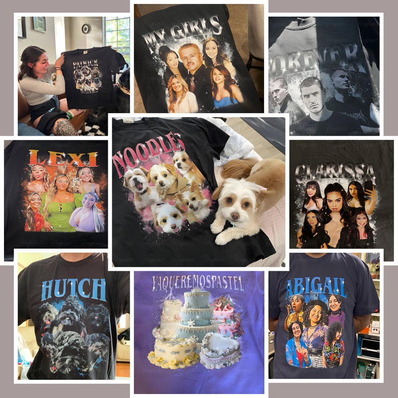 May include: A collection of custom-designed t-shirts featuring various names and images. The shirts are black, navy blue, purple, and grey with different graphic designs. Some of the designs include a group of people, dogs, cakes, and a group of people with the word "NOODLE" on the shirt.