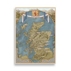 Affiche de carte fantastique d'Écosse - Style médiéval dessiné à la main avec châteaux, Loch Ness et bordure illustrée - Impression d'art mural