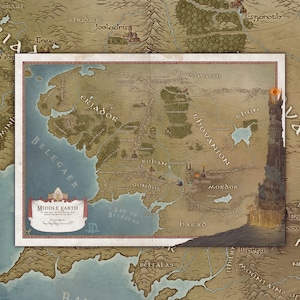Een kaart van Middle Earth Lord of The Rings, gebaseerd op de boeken van J.R.R Tolkien, fantasiekunstprint, kaart