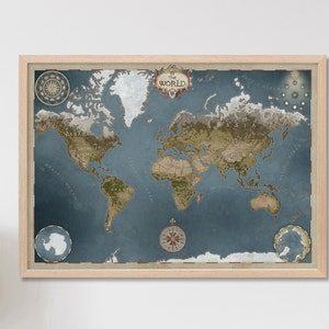 Affiche de carte du monde - carte de la terre dessinée à la main, art mural illustré de tous les continents, impression de géographie vintage, décoration d'intérieur éducative