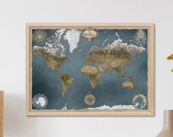 May include: A framed world map with a vintage style design. The map is blue with green and brown landmasses. The map is surrounded by a wooden frame.
