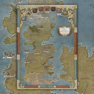 Een kaart van Westeros Game Of Thrones, gebaseerd op de boeken van George R.R. Martin, Fantasy artprint, kaart