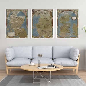 Lot de 3 affiches de carte fantastique - oeuvres d'art murales dessinées à la main à partir de livres, d'émissions de télévision et de jeux (The Witcher, LOTR, Game of Thrones, Outlander, carte du monde)