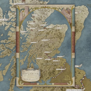 Een kaart van de locaties uit de Netflix-show Outlander, gebaseerd op de boeken van Diana Gabaldon, Fantasy artprint, kaart