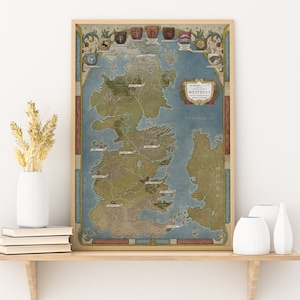 Pôster do Mapa de Westeros – Mapa de Fantasia de Game of Thrones, Arte de Parede Inspirada em George R.R. Martin, Impressão dos Sete Reinos Desenhada à Mão, Presente de GoT