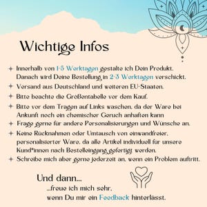 May include: A cream-coloured graphic with the text "Wichtige Infos" in a bold, black font. Below, a list of bullet points in German provides product information. A decorative floral design is in the upper right corner.
