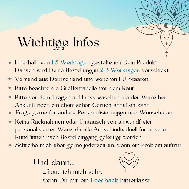 May include: A cream-coloured graphic with the text "Wichtige Infos" in a bold, black font. Below, a list of bullet points in German provides product information. A decorative floral design is in the upper right corner.