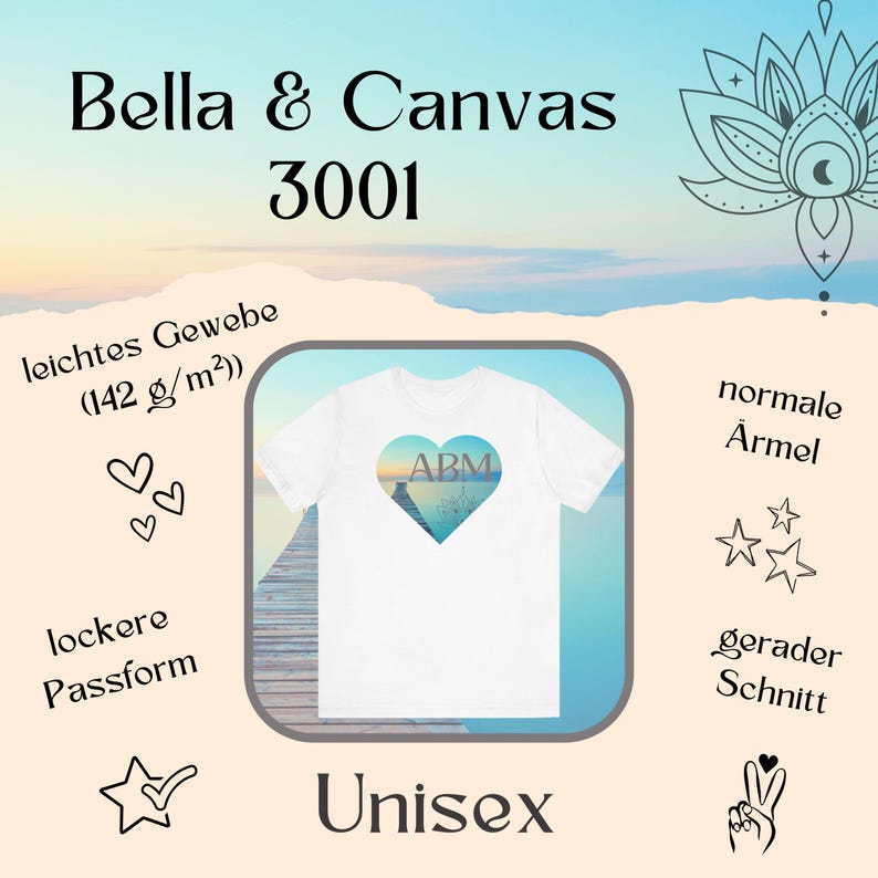 May include: White Unisex Bella & Canvas 3001 t-shirt with a heart-shaped landscape design and "ABM" letters. It has a relaxed fit, normal sleeves, and lightweight fabric (142 g/m&sup2;).