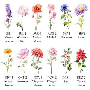 May include: Watercolor illustrations of various flowers, each labeled with a month and date. Featured blooms include a lavender sprig, a poppy, a carnation, and a blue morning glory. The image also includes a yellow aster and a red poinsettia.