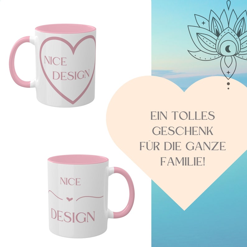 May include: Two white ceramic mugs with pink interiors and handles. One mug features a pink heart design with the words "NICE DESIGN". The other mug has the same text with a curved line and heart. The background includes a heart shape with German text.