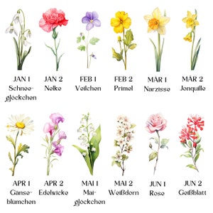 May include: Watercolor illustrations of various flowers, each labeled with a month and day. Featured flowers include snowdrops, carnations, violets, primroses, daffodils, daisies, sweet peas, lily of the valley, hawthorn, roses, and honeysuckle.