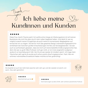 May include: A light peach-colored graphic with German text. The text says "Thank you, Ich liebe meine Kundinnen und Kunden" with customer reviews below. The reviews are in German and include star ratings.