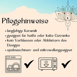 May include: A beige graphic with the German text "Pflegehinweise" and bullet points about the product's features. The image includes a dishwasher and microwave icon with check marks, indicating the product is dishwasher and microwave safe.