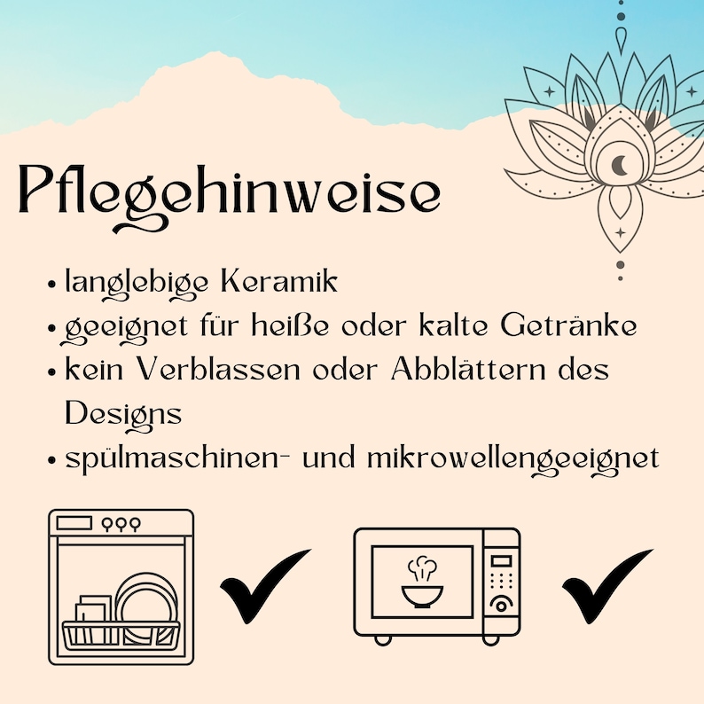 May include: A beige graphic with the German text "Pflegehinweise" and bullet points about the product's features. The image includes a dishwasher and microwave icon with check marks, indicating the product is dishwasher and microwave safe.