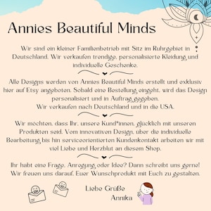 May include: A graphic with the text "Annies Beautiful Minds" in a decorative font. The text describes a small family business selling trendy, personalized clothing and gifts, with designs offered exclusively on Etsy.