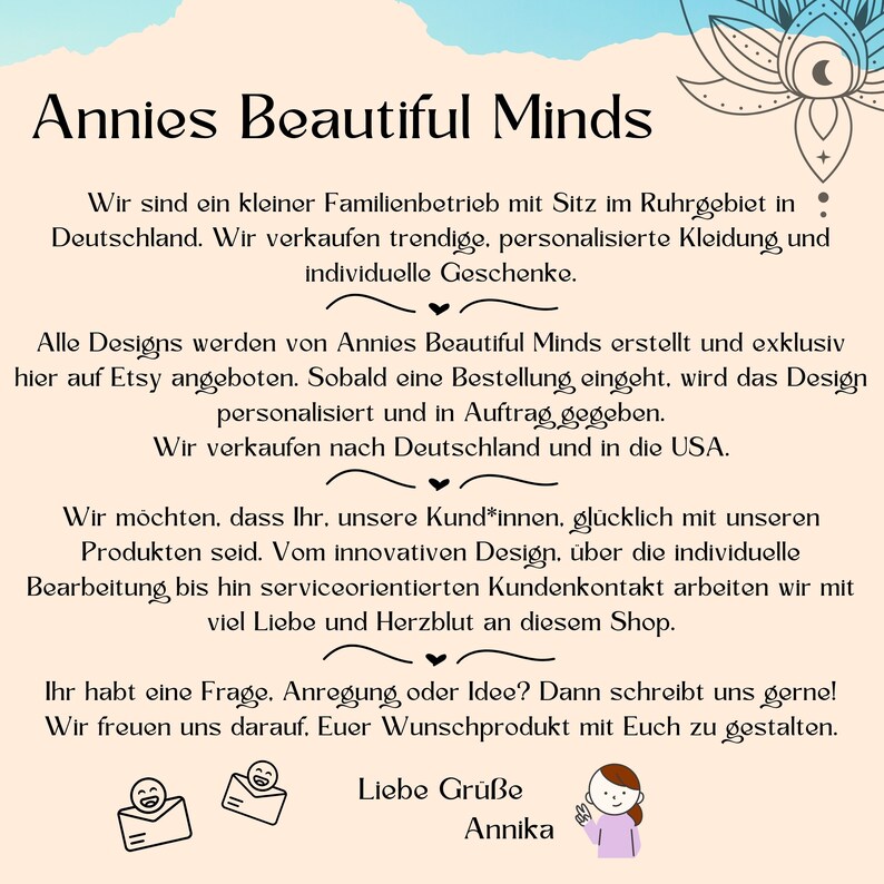 May include: A graphic with the text "Annies Beautiful Minds" in a decorative font. The text describes a small family business selling trendy, personalized clothing and gifts, with designs offered exclusively on Etsy.