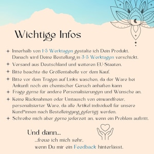 May include: A cream-colored informational graphic with the title "Wichtige Infos" in black. The text provides details about product creation, shipping, and care instructions. A floral design and a heart graphic are also present.