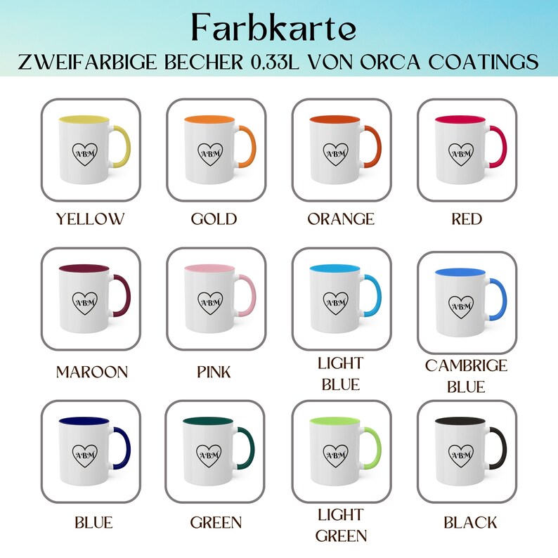 May include: A color chart of two-tone mugs with a 0.33L capacity, featuring various color combinations. Each mug has a white exterior and a colored interior and handle. The mugs display the initials "ABM" inside a heart. The available colors include yellow, gold, orange, red, maroon, pink, light blue, Cambridge blue, blue, green, light green, and black.
