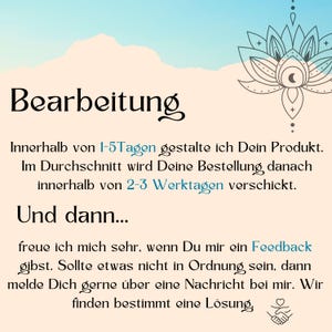 May include: A digital graphic with German text, including "Bearbeitung" at the top. The text details product creation, shipping, and feedback requests. A decorative lotus flower is in the upper right corner. The background is a gradient.