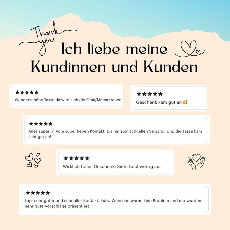 May include: A light peach-colored graphic with the text "Thank you" and "Ich liebe meine Kundinnen und Kunden." Below are customer reviews with star ratings. The image includes heart and star graphics.