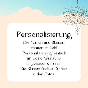 May include: A digital graphic with the German word "Personalisierung" in elegant script. Text below explains personalization options for names and flowers, with a floral design in the upper right corner. The background is a soft gradient of peach and blue.