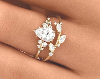 18K gold plated Solid Diamond Ring Pear Cut Natural D Colour Wedding Engagement Rings for wife under 100 Birthday  Rings for Women,
