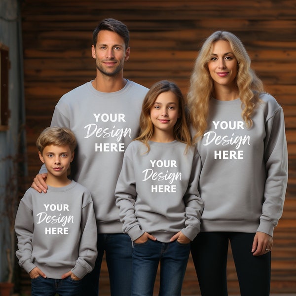 Gildan 18000 Mockup Family Sport Grey, Family Mockup Sport Grey Sweatshirt, Sweatshirt Family Model Mockup, Family Group Crewneck Mockup