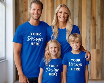 May include: A family of four wearing matching royal blue t-shirts with the text "Your Design Here" printed in white. The shirts are a great option for a family portrait or a fun group activity.