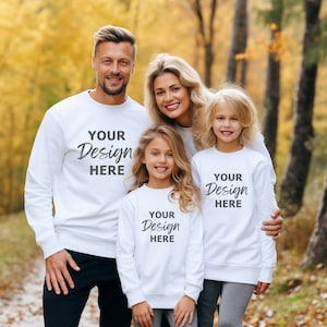 White Gildan 18000 Family Mockup, Mommy Me Mockup, Father and Child Mockup, White Sweatshirt Family Mockup, Family Group Mock
